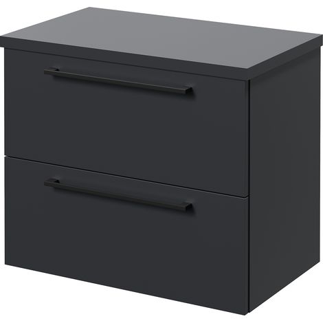 Napoli 390 Gloss Grey 600mm Wall Mounted 2 Drawer Vanity Unit for Countertop Basins - 600mm - Matt Black 320mm Handle