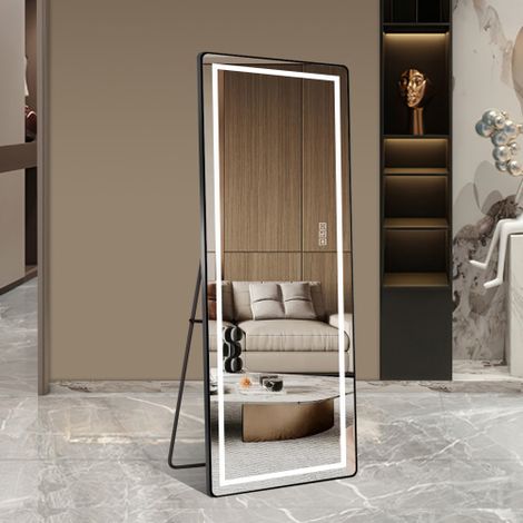 Vertikaler Ganzkörperspiegel 163 x 54 cm mit LED-Beleuchtung, beleuchteter Standspiegel mit Ständer, dimmbarer Wandspiegel mit Rahmen