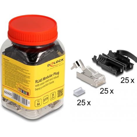 Delock RJ45 Modular macho con alivio de tensiÃ³n Cat.6A y robustos protectores contra dobleces Juego de 25 piezas
