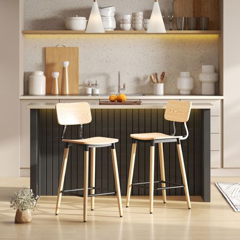 2er-Set Barhocker mit Rückenlehne, Barstühle für Hausbar, Kücheninsel, Esszimmer, Holz, Metall, Hellbraun