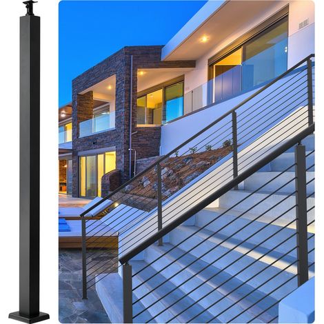 Poteau Garde Corps Câble 106,7x5x5 cm Poteau Rampe d'Escalier Acier Inoxydable Poteau Balustrade Colonne Tige Main Courante Avec support de montage pour Jardin Terrasse Extérieur Intérieur Noir (1/5)