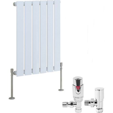 White Designer Flat Panel Radiator + Thermostatic TRV Radiator Valves Chrome Angled Horizontal 600x408mm Single (1/3)