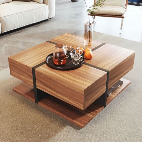 Table basse 80x80, design carré 4 tiroirs, rangement intégré, style moderne lignes colorées (1/5)