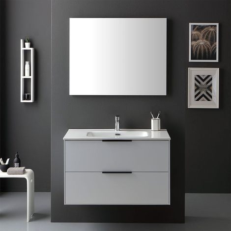 Mobile Bianco Lucido Per Bagno 90Cm Maniglie Nere Specchio A Filo Parigi (1/5)