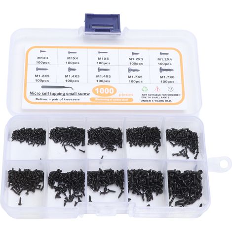 Packung mit 1000 selbstschneidenden Schrauben M1, M1.2, M1.4 und M1.7, schwarzer gewölbter Kopf, Mini-Sortiment mit Pinzette (1/5)