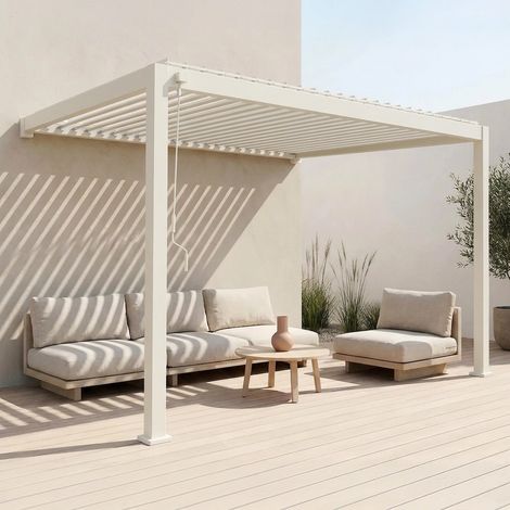 Pergola bioclimatique aluminium beige adossée lames orientables 4x3m Triomphe (1/4)