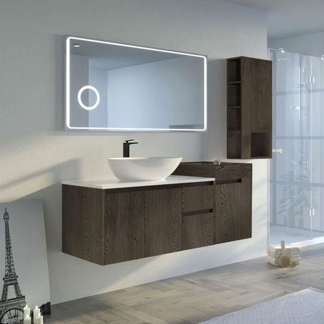 Distribain – Meuble salle de bain simple vasque 140cm – Chêne gris – 2 tiroirs et 3 portes – Miroir rétro-éclairé avec zone magnifiante (1/5)