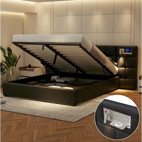 Polsterbett 180/200 cm schwarz aus PU mit Stauraum, USB und kabelloser Ladefunktion (1/5)