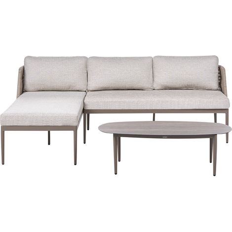 Conjunto de jardín elegante de 3 plazas con sofá esquinero derecho y mesa de centro muebles de exterior de tela estructura de aluminio beige Leffe
