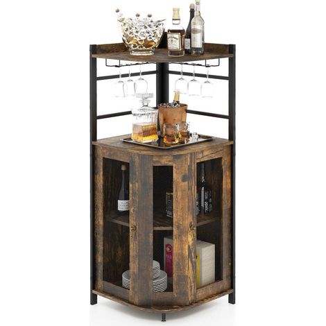 Facile à Régler et Sécuriser Meuble Bar d'Angle avec Porte-Verres et Étagère Ajustable Marron Rustique (1/5)