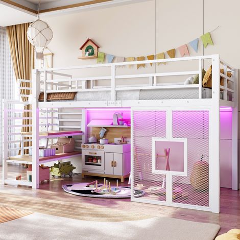Cama infantil alta 90 x 200 cm de metal con escalera, almacenaje, LED y ventanas, blanca DESVIAE (1/5)