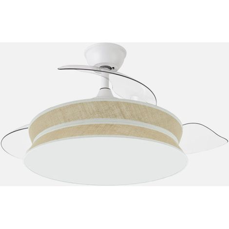 ABRILA - Ventilador Decor 72W Blanco/Natural  Ventilador DC con 3 Aspas Desplegables  Tecnología LED 7200lm  Control Remoto con Memoria de Color y Temporizador  3 Temperaturas de Luz