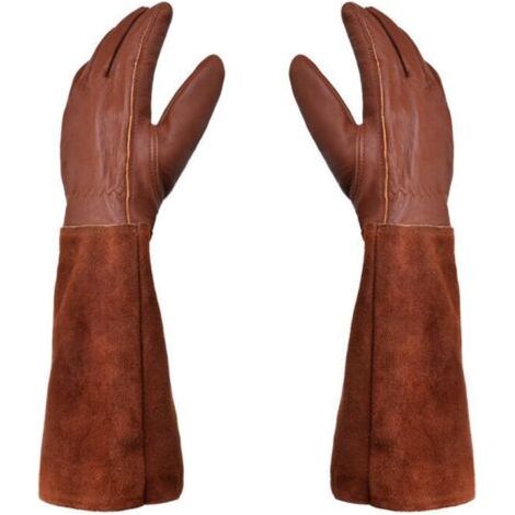 Gartenhandschuhe – Paar Gartenhandschuhe – Lederschutz – Lange Dornen-Gartenhandschuhe, stich- und schnittfest und WIG-Schweißhandschuhe für die Bienenzucht – Braun – L (1/5)