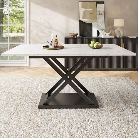Table extensible 120-160 x 80 cm, plateau effet marbre blanc, pieds croisés noirs DESVIAE (1/5)
