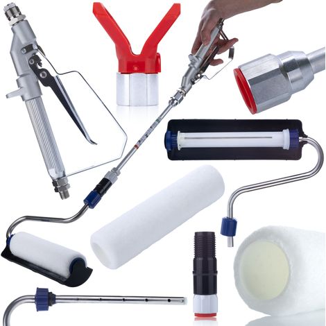 Rosfix Set Farbroller Drucksystem – 25 × 85 cm Walze mit Spritzpistole & Verlängerung  Gleichmäßiger Farbfluss  Für Airless Farbspritzgerät  Lackierzubehör