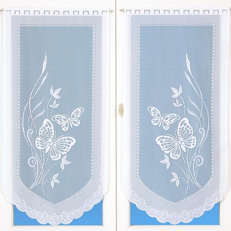 Homemaison – Paire de voilages en dentelle motifs papillons blanc 60x120 cm – Tamisants – Finition festonnée – 100% polyester (1/2)