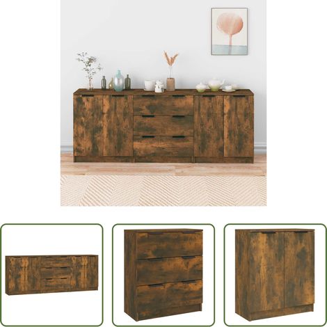 Holzwerkstoff Kommode - 3-tlg. Sideboard Räuchereiche Holzwerkstoff (1/5)