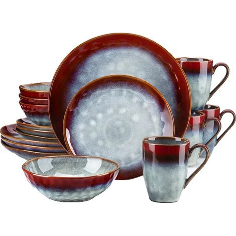 Juego de vajilla, diseño elegante, apto para microondas y lavavajillas, juego de 16 piezas, rojo. (1/2)