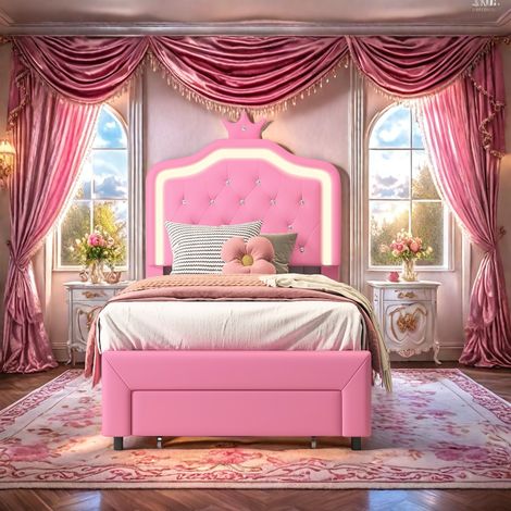 Kinderbett 90x200 mit LED und Schublade, höhenverstellbarem Kopfteil, weichem PU-Bezug, Mädchenbett Prinzessinnenbett,Rosa