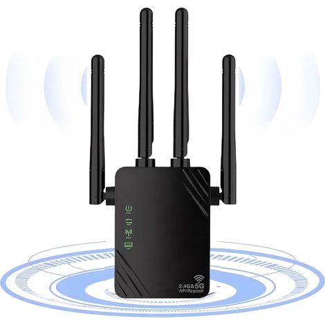 1200Mbps WiFi Extender Repeater, Ethernet Port, Internet Amplifier, 2.4/5GHz Dual Band Wi-Fi Enhancer, Works with Any Wi-Fi Router, Improve Home Wireless Signal