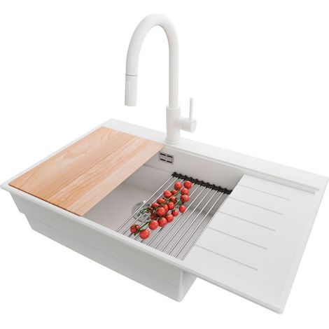 PRIMAGRAN Evier Cuisine en Granit 78x50cm,Lavabo 1 bac + Robinet 40x20cm + Kit de Vidage + Accessoires, Évier à Encastrer au meuble 60cm - Sydney, Blanc