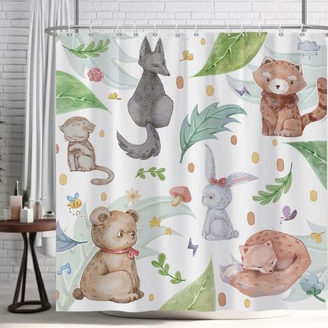 152x183cm Rideau de Douche Animal de Bande dessinée Mignon Chat Lapin Renard Rideau de Bain Peint à la Main drôle Animal Plante Rideaux de Douche Rideau de Baignoire étanche (1/4)