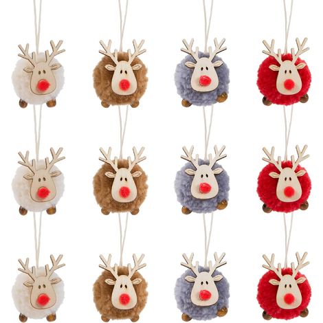 Lot de 12 décorations de Noël à suspendre en feutre en forme d'élan - Décorations à suspendre en bois pour sapin de Noël - 4 couleurs (1/5)