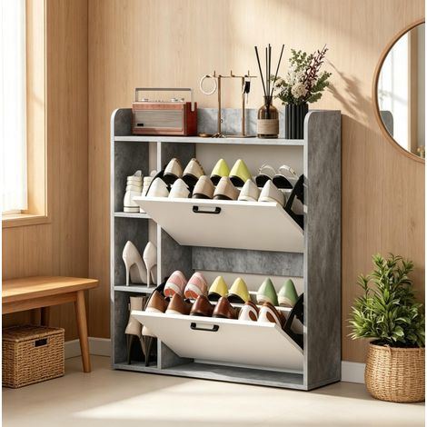 Zapatero de aglomerado gris y blanco 83x24x90,5 cm para recibidor - CHICFURN (1/5)