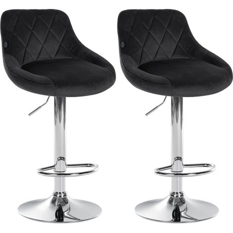 Juego de 2 taburetes de bar con costuras decorativas de rombos, asiento de terciopelo negro y estructura de metal cromado TDB10773