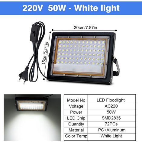 Projecteur LED extérieur 50 W, étanche IP65, 220 V CA / 12 V CC, lumière blanche froide, pour éclairage de jardin, terrasse, façade – prise européenne