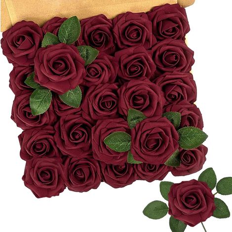 Roses Fleurs Artificielles, 25 Pièces Faux Rouges Rose et Tige (1/5)