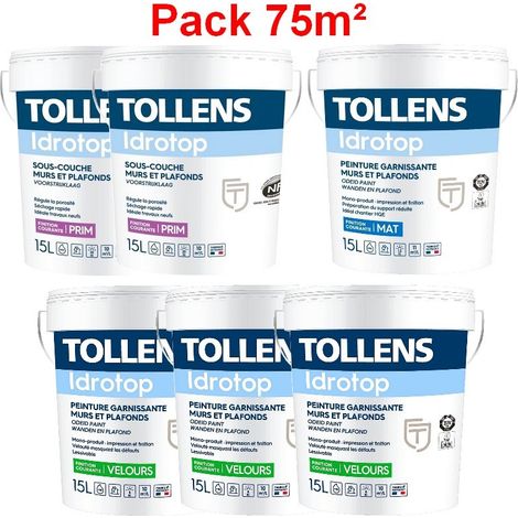 Pack 75m² Peinture TOLLENS Idrotop Professionnelle BLANC Conditionnement: 15 Litres - Finition: Velours