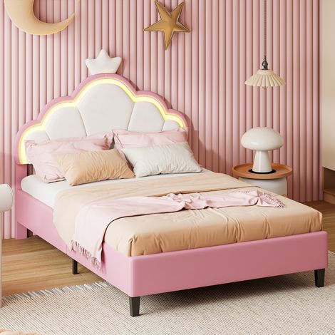 Lit enfant 140x200, Lit double capitonné couronne avec lumières LED, lit princesse en forme de couronne,Tête de lit réglable en hauteur, sommier à latte - Rose (1/5)