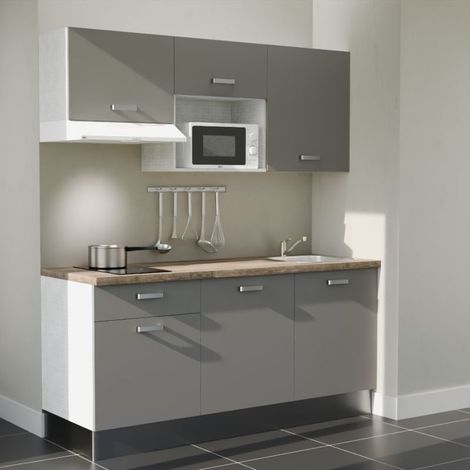 Kitchenette K30L-PT - 180 cm - plan stratifié, évier inox, - Façade Gris - Plan Bois - Evier Inox - Crédences Non + Electroménager inclus coloris Blanc (1/5)
