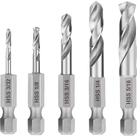 Lot de 5 forets à métal à tige hexagonale à changement rapide HSS M2,3/32, 1/8, 3/16, 1/4, 5/16", avec tige hexagonale, perceuse d'angle HSS (1/5)