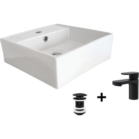 Lavabo cuadrado de apoyo + grifo + válvula NINO (1/4)