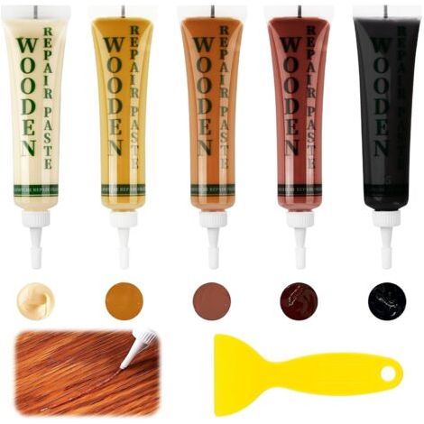 Kit de Réparation de Meubles en Bois, 5 Couleurs Pate a Bois Rebouchage Pour Érable, Teck, Acajou, Noyer et Noir, Réparation De Rayures pour rayures, trous, taches, fissures, facile à utiliser
