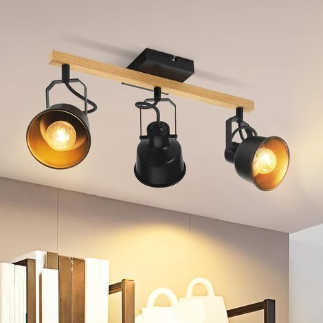 Schwarze 3-flammige Spot-Deckenleuchte: Vintage-Schwenk-Deckenleuchte 350° MAX. 25W E14 Fassung Industrieller Holz-Spot für Wohnzimmer, Schlafzimmer, Büro (Leuchtmittel nicht enthalten) (1/5)