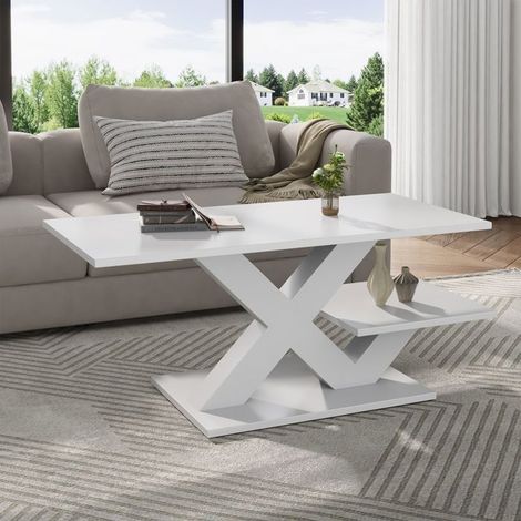 Table Basse 100 x 48 x 45 cm rectangulaire double plateau blanc MDF pieds géométriques en X charge maximale 10 kg (1/5)