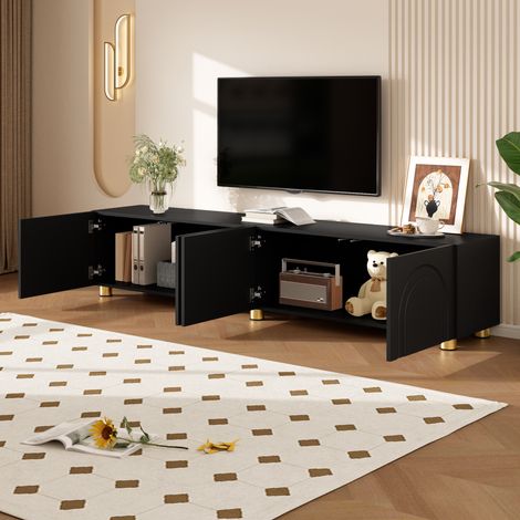 DESMIU Meuble TV avec 4 portes, relief arqué 3D et pieds en métal, meuble de rangement pour salon, noir, 180 × 35 × 40 cm (1/5)