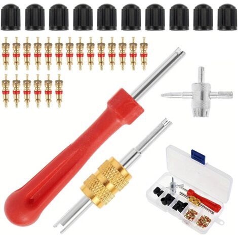 33 Pcs Demonte Obus Valve Pneu,Demonte Obus,Obus De Valve,avec 20 Obus De Valve, Extracteurs De Noyau De Valve À Double Et À Une Tête, 4 Outils De Valve Et 10 Capuchons De Valve De Pneu (1/5)