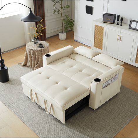 Sofá cama 137x76.5x83 cm beige de terciopelo con respaldo reclinable 3 posiciones y portavasos (1/5)