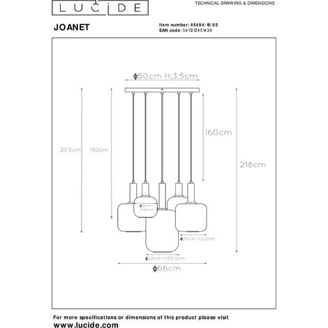 Lampe suspendue à 5 lumières Joanet Ø 66 cm d’or avec verre fumé - 45494/15/65 (1/4)