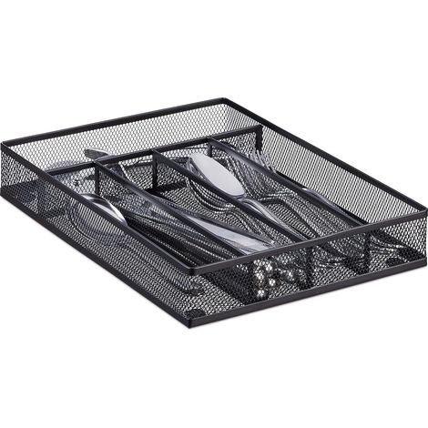 Bandeja para cubiertos de malla de acero, caja metálica para cubiertos, bandeja para cubiertos, 32 x 22 x 4,5 cm, negra (1/5)