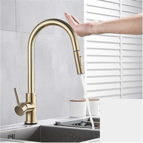 Robinet de cuisine tactile intelligent en or brossé avec capteur, rotation à 360 degrés, mitigeur à poignée unique extractible, deux modes de débit d'eau, robinet d'évier pour eau chaude et froide (or