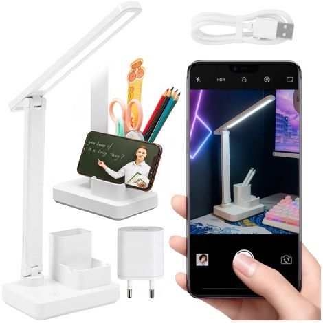 Lámpara de escritorio LED con luz nocturna - Batería de 2400 mAh, organizador para bolígrafos y teléfono, luz ajustable, perfecta para el escritorio y el estudio - Alogy Light&Organize™ Blanco (1/5)