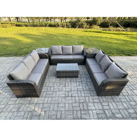 Fimous Rattan Lounge Sofa Set 9 Seater Outdoor Garden Furniture Set with Rectangular Coffee Table 3 Seater Sofa 2 Side Tables Dark Grey Mixed (1/5)