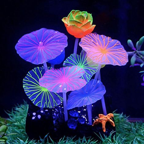 Décor Lotus Silicone Effet Lumineux pour Aquarium, Ornement Poisson avec Ventouse, Décoration Fluorescente pour Réservoir de Poisson (1/5)