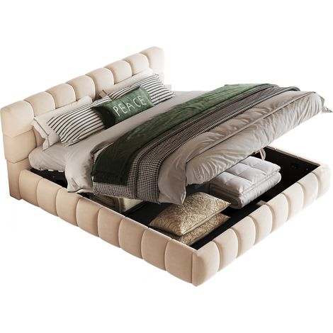 Lit rembourré 140 x 190 cm, tête de lit et côtés au design volumineux et solide, avec fonction de rangement hydraulique, matelas encastré, lit double, tissu velours, beige (sans matelas)