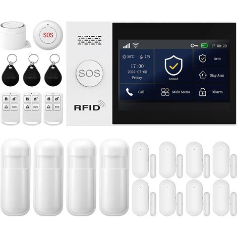 Alarme Maison sans Fil Intelligent 2.4G WiFi/GSM Kit Système d'Alarme connectée 1 Alarme avec sirène,8 Détecteur de Ouverture Porte Fenêtre,3 Télécommandes,4 capteur de Mouvement,Tuya APP (1/5)
